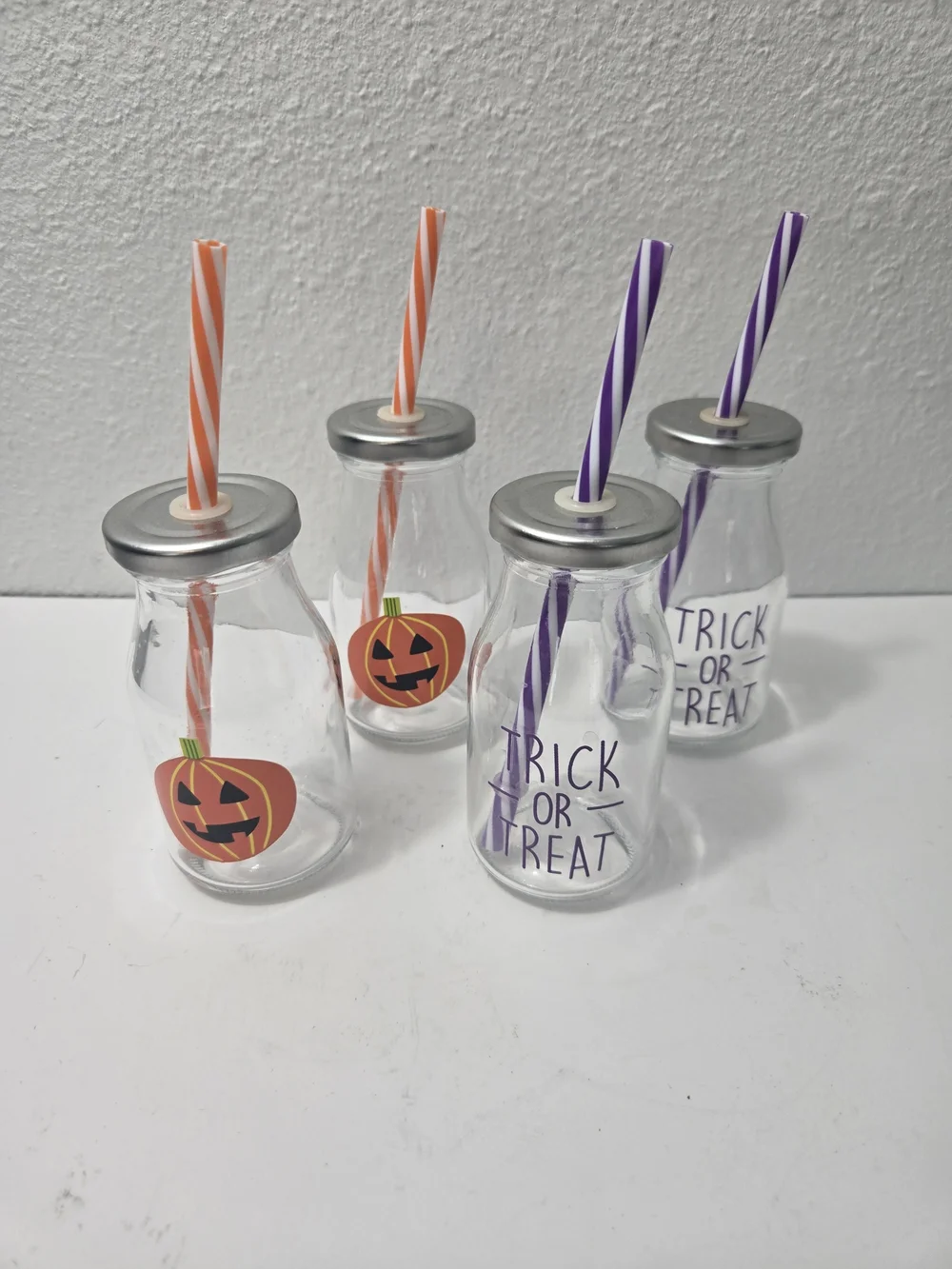 Halloween Trick or Treat Glass Milk Bottles with Orange & Purple Straws
